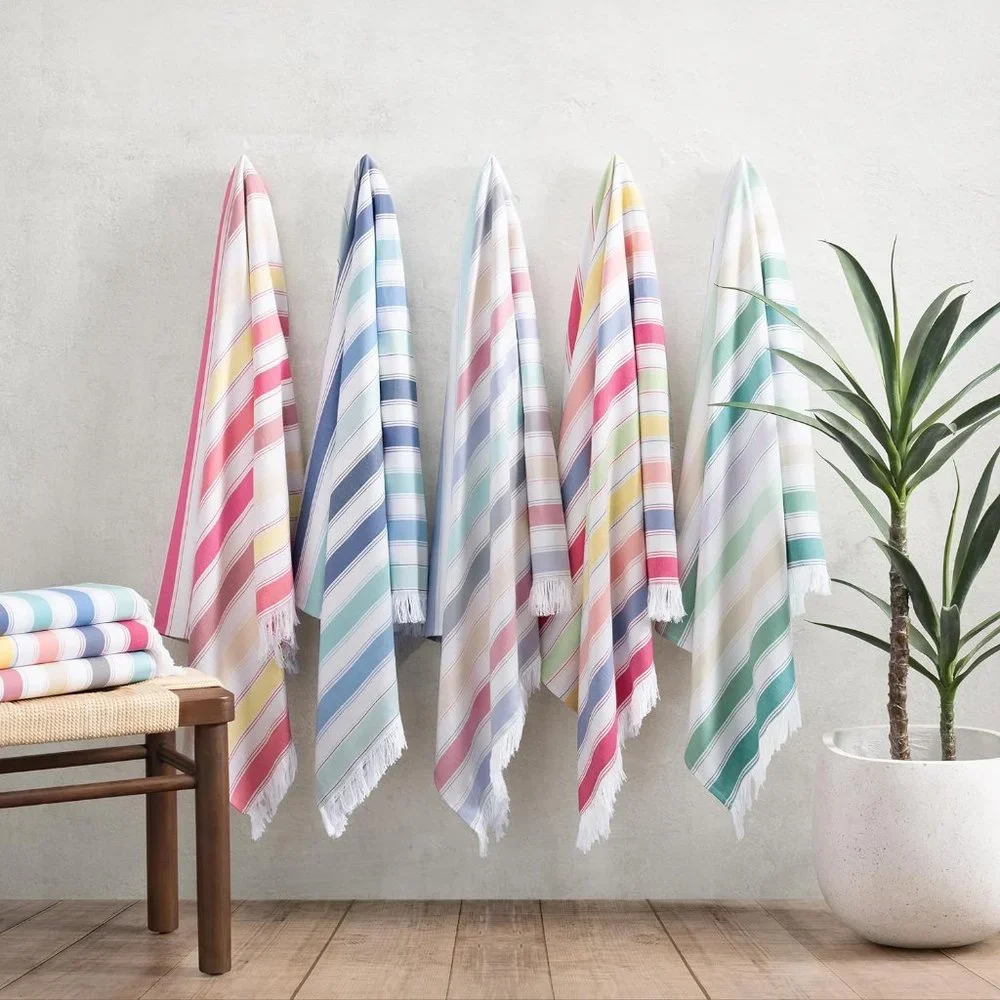 XL Bath Beach Towel Blue Multicolor Stripes Turkish Cotton Striped Peshtemal New
